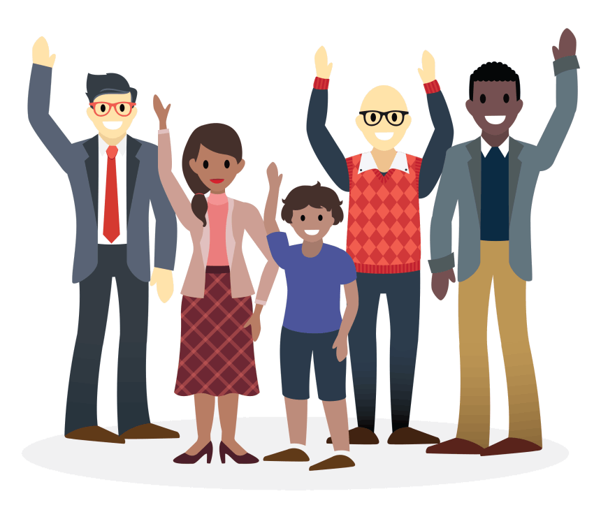 Cartoon depiction of people standing together raising their hands in the arm, as if to say hello.